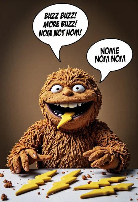 [UHD 8K Photograph ] ((Cookie-Monster) is behind a table ravenously eating (foam lightning bolt shapes), crumbs are flying every where)),
<<BREAK>>,
((A speechbubble is seen above (Cookie-Monster) and the words "BUZZ BUZZ! MORE BUZZ! NOM NOM NOM" are seen printed legibly inside the speech bubble, the full text "BUZZ BUZZ! MORE BUZZ! NOM NOM NOM" is seen in the speechbubble and only the legible script "BUZZ BUZZ! MORE BUZZ! NOM NOM NOM" is seen in the speechbubble, above (Cookie-Monster) (while he eats (foam lightning bolts))
 ( , [ultrarealistic, highest quality, ultrarealistic,  perfect composition, dramatic action, sharp focus, intricate details, highly detailed, rule of thirds , highly detailed ,  motion blur, highly detailed ( aidmaimageupgrader )]