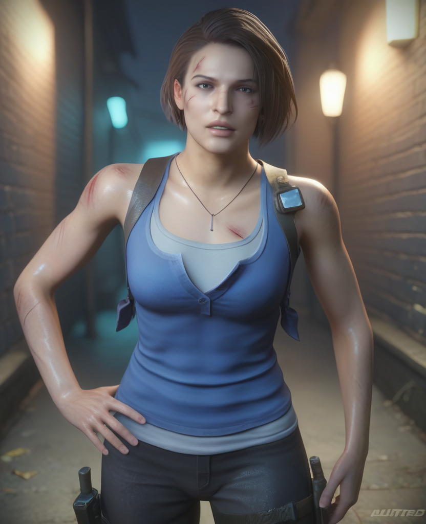 score_9, score_8_up, score_7_up, score_6_up, 3d, realistic, outdoors, fire, alley,  <lora:Jill_Valentine_PONY-000009:0.8> , jillv, 1girl, solo, short hair, brown hair, asymmetrical hair, necklace, tank top, blue tank top, undershirt, buttons, pants, looking at viewer, parted lips, facing up, dynamic pose, portrait, hand on hip, shoulder holster, injury,