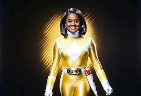 female yellow power ranger Aisha, side-parting voluminous straight shoulder-length bob hair, alone, helmetless, uniform, white turtleneck collar, white gloves belt, smiling, mouth closed, mouth shut, in megazord, hyperdetailed photography