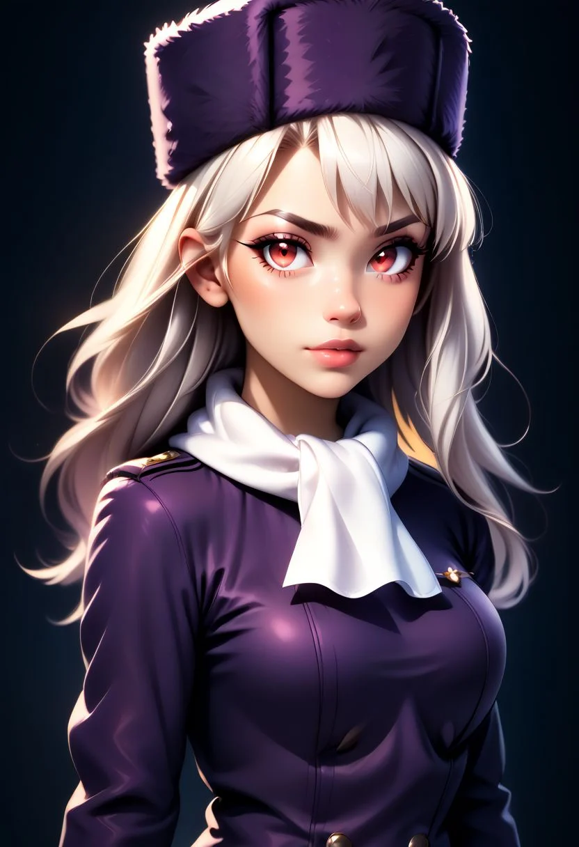 score_9, score_8_up, score_7_up, score_6_up, score_5_up, score_4_up score_9,score_8_up, digital art, upper body shot, realistic 3D illustration,
BREAK,
zzIllya, red eyes, white hair,
papakha, purple headwear, white scarf,
BREAK,
subsurface scattering, soft lighting, contemplative expression, dark background, subtle makeup, high-resolution, detailed texture, emotional depth, dramatic mood, side profile, serene atmosphere, cinematic lighting. perfectly round breasts, big breasts, firm breasts, SkinHairDetail, eye contact