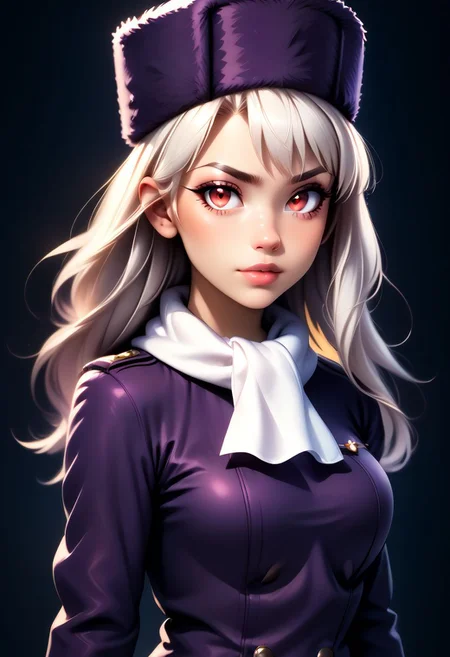 score_9, score_8_up, score_7_up, score_6_up, score_5_up, score_4_up score_9,score_8_up, digital art, upper body shot, realistic 3D illustration,
BREAK,
zzIllya, red eyes, white hair,
papakha, purple headwear, white scarf,
BREAK,
subsurface scattering, soft lighting, contemplative expression, dark background, subtle makeup, high-resolution, detailed texture, emotional depth, dramatic mood, side profile, serene atmosphere, cinematic lighting. perfectly round breasts, big breasts, firm breasts, SkinHairDetail, eye contact