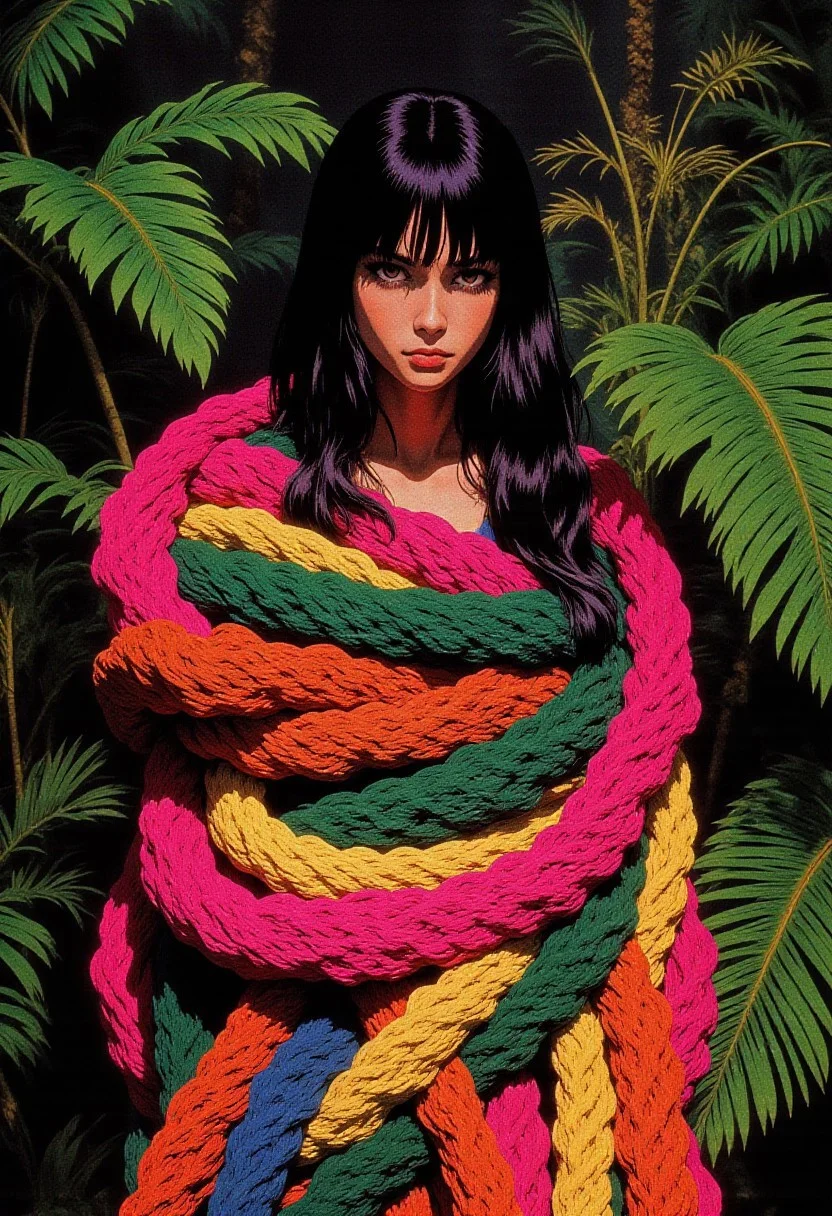 This is a high-resolution photograph featuring a young woman with long, dark hair and bangs, partially obscured by massive, intricately crafted ropes made entirely from colorful yarn. The ropes are wrapped around her, coiling and intertwining with her body, creating a striking visual contrast. The ropes' fibers are meticulously crafted in various shades of pink, green, yellow, orange, and blue, with intricate textures that enhance their organic, tactile appearance.
The woman's face is visible, and she has a serious expression, her eyes slightly narrowed as she gazes directly at the camera. Her skin tone appears light, and she is wearing a bright, vibrant, and textured garment that complements the colors of the yarn ropes. The background is lush and tropical, filled with large, green banana leaves and other dense foliage, suggesting a humid, natural environment. The overall composition of the image is rich and vivid, blending the organic textures of the yarn ropes with the natural environment to create a surreal, almost dreamlike atmosphere. The photograph likely aims to explore themes of nature, fantasy, and human connection with the natural world.