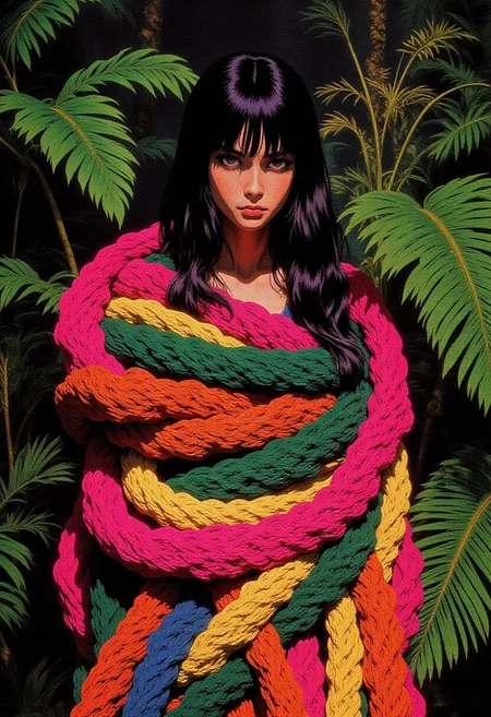 This is a high-resolution photograph featuring a young woman with long, dark hair and bangs, partially obscured by massive, intricately crafted ropes made entirely from colorful yarn. The ropes are wrapped around her, coiling and intertwining with her body, creating a striking visual contrast. The ropes' fibers are meticulously crafted in various shades of pink, green, yellow, orange, and blue, with intricate textures that enhance their organic, tactile appearance.
The woman's face is visible, and she has a serious expression, her eyes slightly narrowed as she gazes directly at the camera. Her skin tone appears light, and she is wearing a bright, vibrant, and textured garment that complements the colors of the yarn ropes. The background is lush and tropical, filled with large, green banana leaves and other dense foliage, suggesting a humid, natural environment. The overall composition of the image is rich and vivid, blending the organic textures of the yarn ropes with the natural environment to create a surreal, almost dreamlike atmosphere. The photograph likely aims to explore themes of nature, fantasy, and human connection with the natural world.