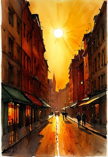 (resplendent highlighting) in the style of casual line and wash sketch, hauntingly beautiful, violento colorido, influenced by Bernard Buffet, a contemporary watercolor painting, townscapes if drawn by Emil Melmot, Alex Maleev and Miles Johnston, incorporating delicate washes and mesmerizing warm tones, truly masterpiece of art, golden hour, ral-chrosc-clr, retro color palette