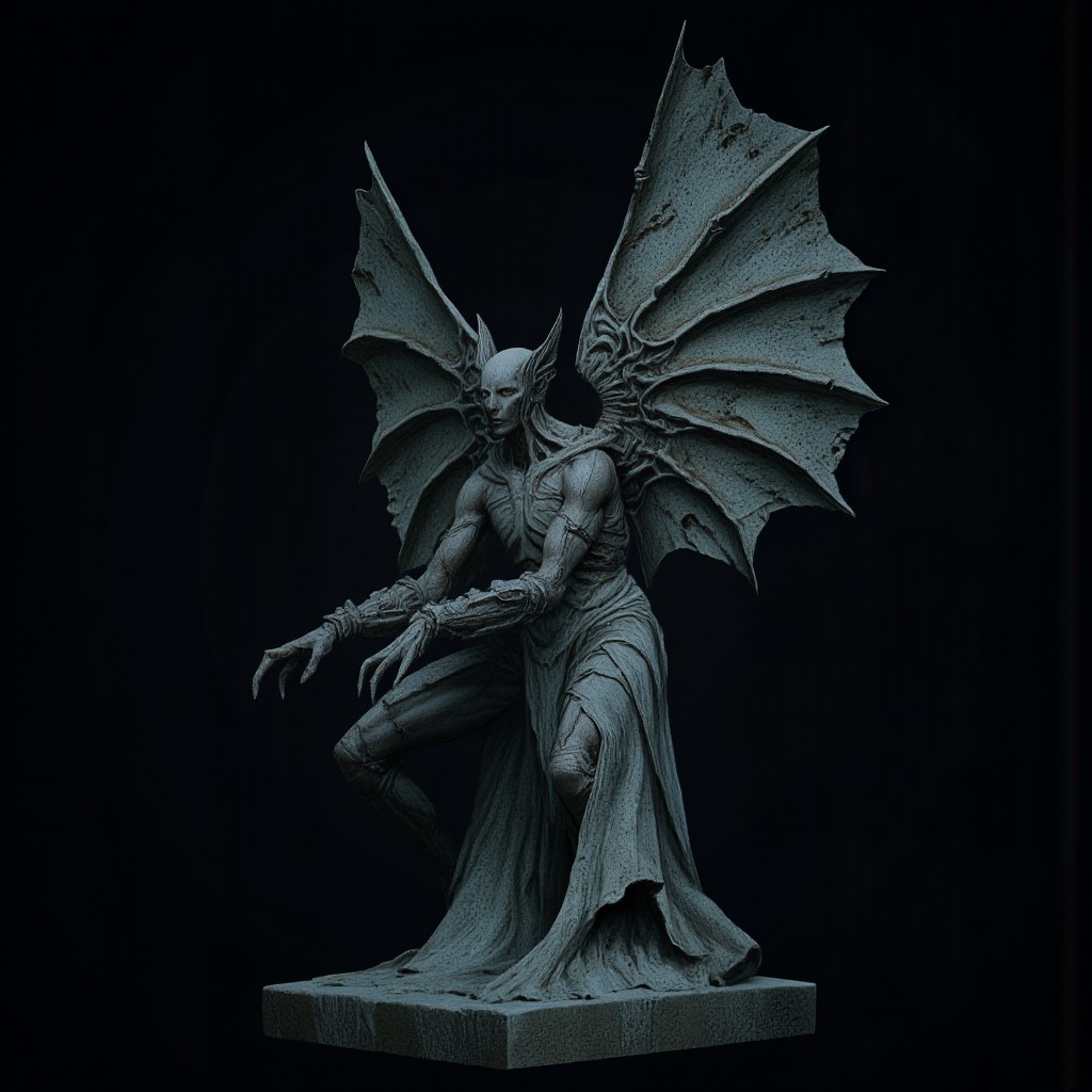 A surreal stone gargoyle with a human face, tattered stone carved wings, design
Set against a solid dark black color background to emphasize its unsettling unnatural form that emphasizes its silhouette. The medium is not a traditional painting or illustrative medium like watercolor or ink but rather a digital 3D rendering.
MikeFranchinastyle, d4artstyle, d4concept, , bbstyle,, horror theme,, zbrush, ZBClay model of a gray sculpture, 1990's, 1990's style