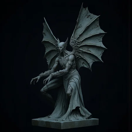 A surreal stone gargoyle with a human face, tattered stone carved wings, design
Set against a solid dark black color background to emphasize its unsettling unnatural form that emphasizes its silhouette. The medium is not a traditional painting or illustrative medium like watercolor or ink but rather a digital 3D rendering.
MikeFranchinastyle, d4artstyle, d4concept, , bbstyle,, horror theme,, zbrush, ZBClay model of a gray sculpture, 1990's, 1990's style