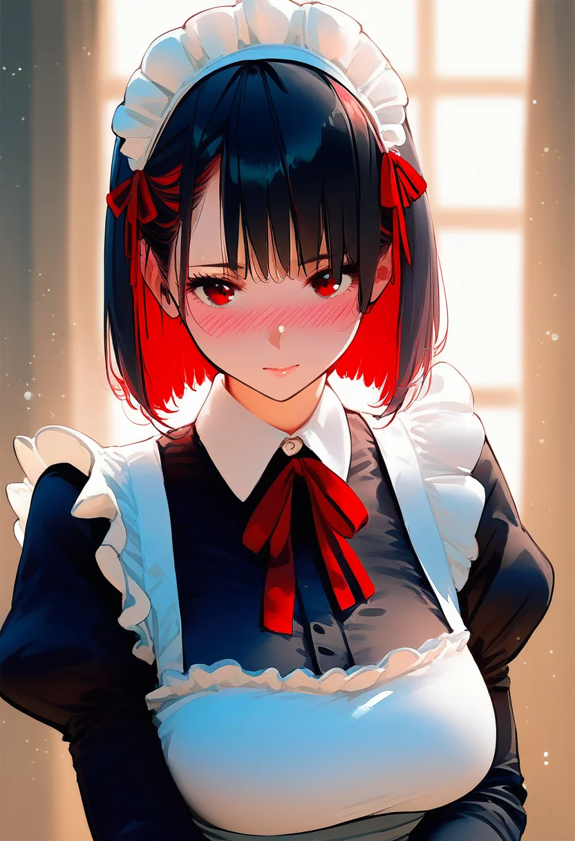 score_9, score_8_up, score_7_up, score_6_up, source_anime, <lora:AIU 0.6v:1>, AIU,
1girl, solo, long hair, mature female, milf, red eyes, maid, maid headdress, apron, black hair, red ribbon, ribbon, looking at viewer, upper body, colored inner hair, red hair, multicolored hair, long sleeves, closed mouth, short hair, puffy sleeves, bangs, dress, maid apron, blush, neck ribbon, black dress, juliet sleeves, white apron, two-tone hair, collared dress, hair ribbon, frills, bob cut, light particles, frilled apron, blurry