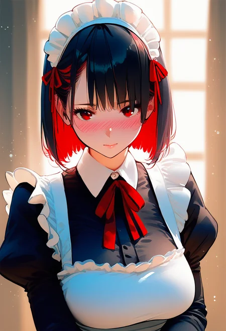 score_9, score_8_up, score_7_up, score_6_up, source_anime, <lora:AIU 0.6v:1>, AIU, 
 1girl, solo, long hair, mature female, milf, red eyes, maid, maid headdress, apron, black hair, red ribbon, ribbon, looking at viewer, upper body, colored inner hair, red hair, multicolored hair, long sleeves, closed mouth, short hair, puffy sleeves, bangs, dress, maid apron, blush, neck ribbon, black dress, juliet sleeves, white apron, two-tone hair, collared dress, hair ribbon, frills, bob cut, light particles, frilled apron, blurry