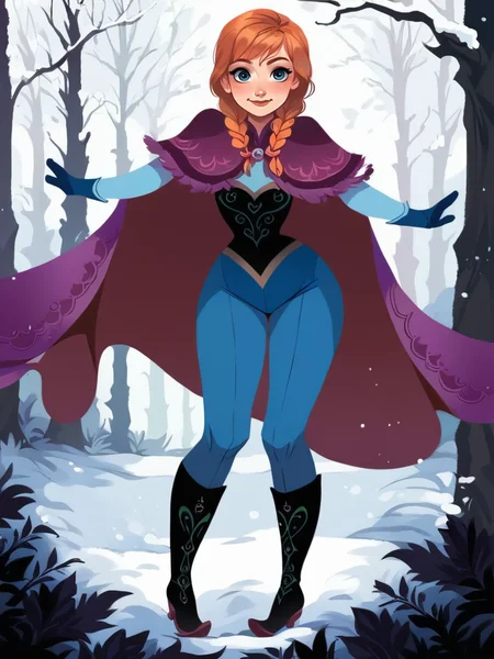 score_9, score_8_up, score_7_up, score_6_up, AnnaXLP, blue dress, elbow gloves, boots, cape, capelet, corset, twin braids, medium breasts, narrow waist, wide hips, thick thighs, looking at viewer, dynamic pose, smile, cute, wide shot, solo, leaning forward, cowboy shot, forest, winter, trees, realism,
<lora:AnnaXLP_character:1>