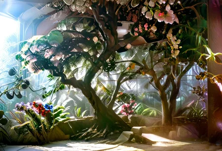 Photograph, masterpiece,best quality, of An astonishing award winning, art installation, the interior of an incredible starship, poly acrylic resin molded tree sculptures, fake plastic flowers, 1970s Brazilian Tropicalia retrofuturism, in the style of Pipilotti Rist, complex shadows, retro, science fiction style
