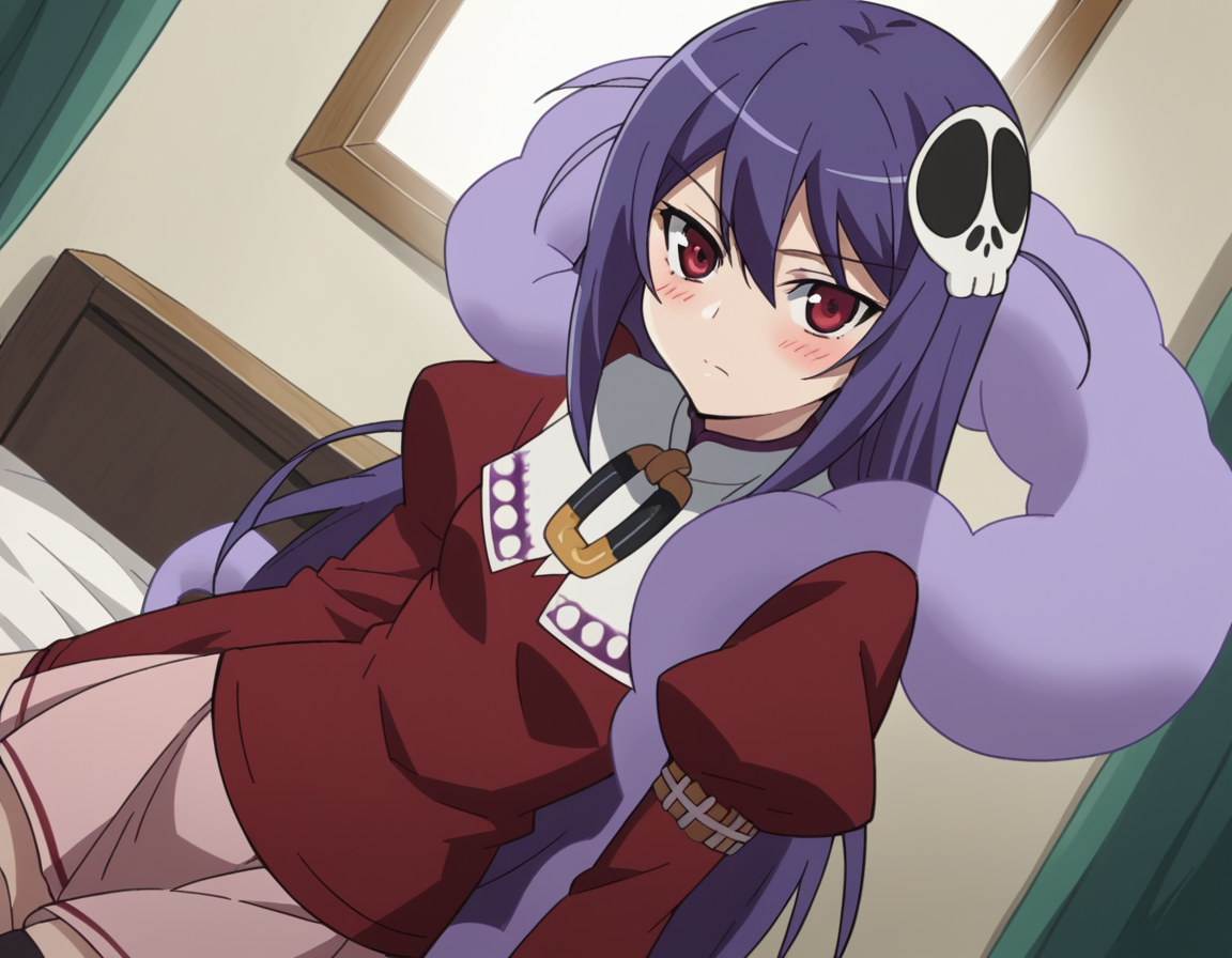 score_9, score_8_up, score_7_up, source_anime,
haquadulotherminium, <lora:haqua-du-lot-herminium-s2-ponyxl-lora-nochekaiser:1>,
haqua du lot herminium, long hair, hair ornament, purple hair, skull hair ornament, red eyes,
skirt, thighhighs, zettai ryouiki, school uniform, shirt, red shirt, shawl, harogomo, pink skirt, puffy sleeves, juliet sleeves, long sleeves,
indoors, bed, bed room, on side, blush, drunk,
looking at viewer, cowboy shot, solo, dutch angle,