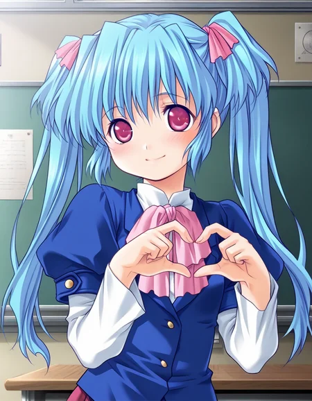 masterpiece, best quality, amazing quality, very aesthetic, official art, absurdres, ultra detailed, game cg,
1girl, solo, kondou_yuria(innyuu), twintails, blue hair, long hair, hair ribbon BREAK
blue school uniform, puffy detached sleeves, pink bow, red skirt,
blush, smile, looking at viewer,
standing, heart hands,
in classroom, front view, sharp focus, depth of field, highly detailed <lora:kondou yuria v1.0-000018:1>