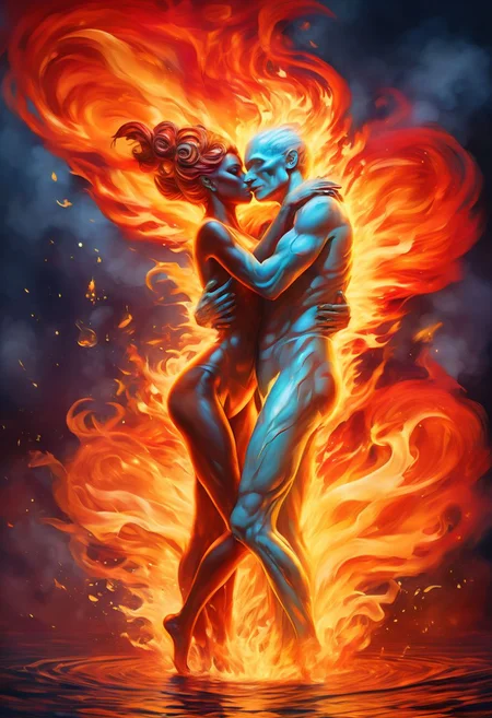 perfect composition, (ultra high res:1.4), (masterpiece:1.4), (beautiful lighting:1.4), Style-Volumetric, Style-DoF, 
Blazing humanoid figure engulfed in vibrant flames, with ivory skin and hair kissing a water humanoid figure engulfed in vibrant flames, with ivory skin and hair, Hyper-detailed, photorealistic, cinematic style. Dark backdrop enhances intensity. Rendered akin to Unreal Engine, Octane Render.