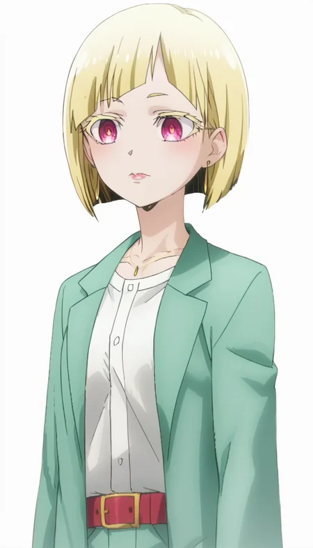 blonde hair,short hair,pink eyes,earrings,necklace,green suit,belt,shirt,1girl,solo,<lora:Korisus_Mother-000007:1>,, anime screencap,score_9,simple background,