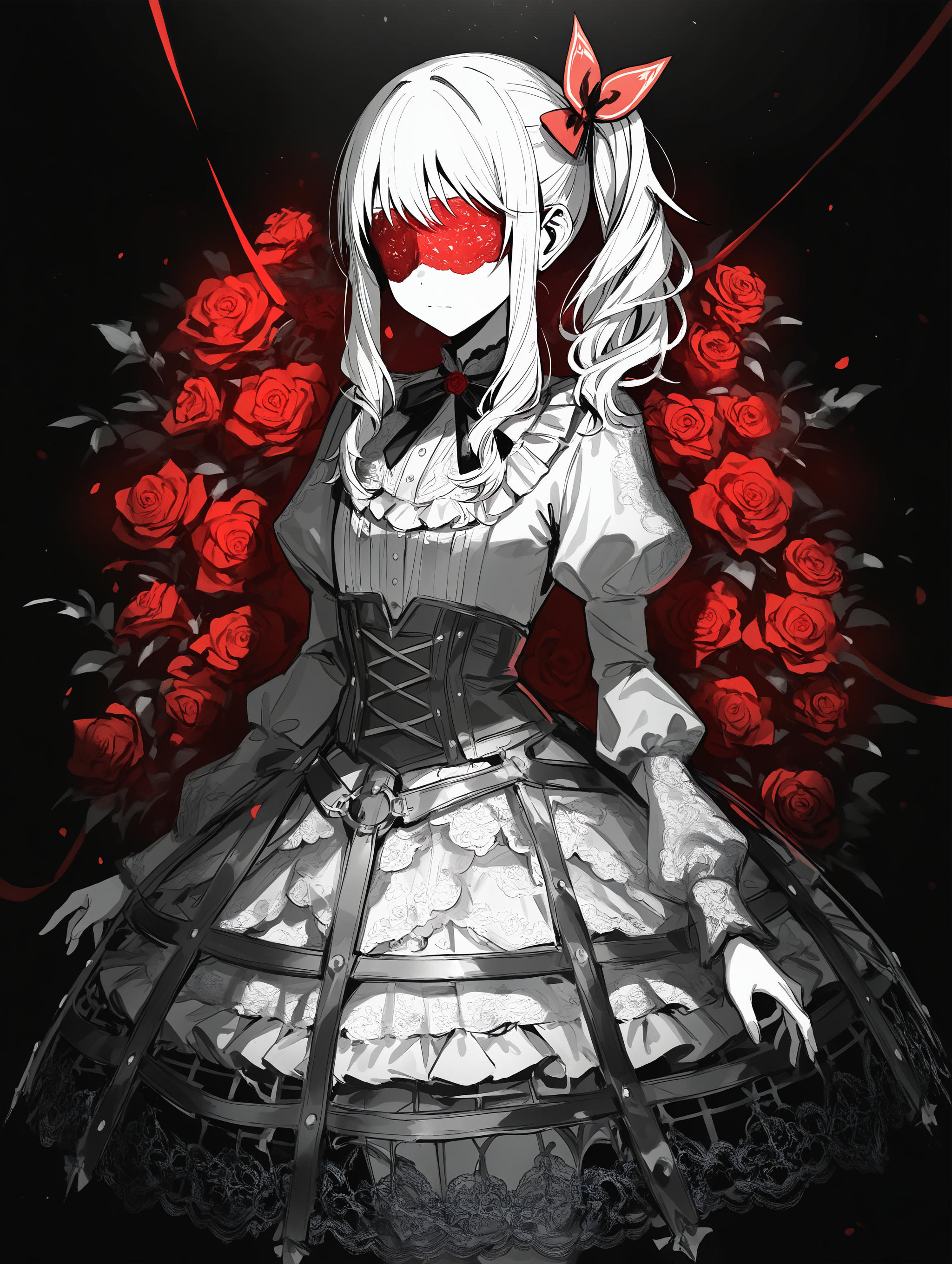 masterpiece, best quality, Good quality, very aesthetic, absurdres, newest, akiyama mizuki, 1other, Extremely detailed lace blindfold, crinoline, dress, flower, frilled dress, frills, juliet sleeves, keikyoku no machi wa doko e (project sekai), long hair, long sidelocks, long sleeves, other focus, puffy sleeves, red ribbon, ribbon, rose, side ponytail, sidelocks, solo, spot color, standing <lora:ponyv4_noob1_2_adamW-000017:0.7> <lora:USNR_STYLE_XL_lokr:0.45>