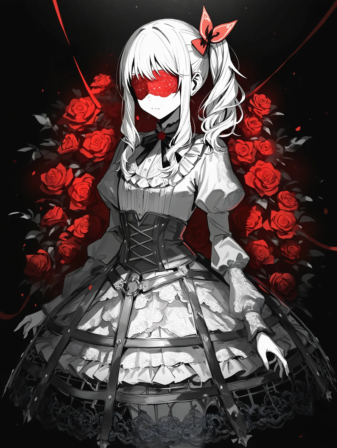 masterpiece, best quality, Good quality, very aesthetic, absurdres, newest, akiyama mizuki, 1other, Extremely detailed lace blindfold, crinoline, dress, flower, frilled dress, frills, juliet sleeves, keikyoku no machi wa doko e (project sekai), long hair, long sidelocks, long sleeves, other focus, puffy sleeves, red ribbon, ribbon, rose, side ponytail, sidelocks, solo, spot color, standing <lora:ponyv4_noob1_2_adamW-000017:0.7> <lora:USNR_STYLE_XL_lokr:0.45>