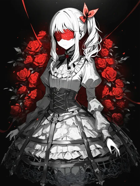 masterpiece, best quality, Good quality, very aesthetic, absurdres, newest, akiyama mizuki, 1other, Extremely detailed lace blindfold, crinoline, dress, flower, frilled dress, frills, juliet sleeves, keikyoku no machi wa doko e (project sekai), long hair, long sidelocks, long sleeves, other focus, puffy sleeves, red ribbon, ribbon, rose, side ponytail, sidelocks, solo, spot color, standing <lora:ponyv4_noob1_2_adamW-000017:0.7> <lora:USNR_STYLE_XL_lokr:0.45>