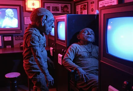 Vibrant Rim Light, an image where Nukie the knockoff alien is salmon radioactive in a seedy adult video store, eying up a homeless man passed out in the corner of the private viewing booths in the back., bright rim light, high contrast, bold edge light