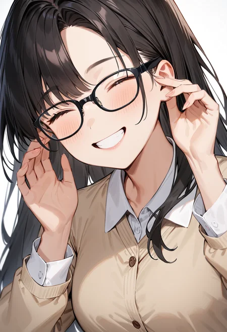 masterpiece, best quality, very aesthetic, absurdres,
1girl, solo, black hair, long hair,
Wellington22A, glasses, black-framed eyewear,
collared shirt, happy, smile, looking at another, adjusting eyewear, white background, simple background,
<lora:glasses_Wellington_cellframe1_SDXL_V1:0.8>
