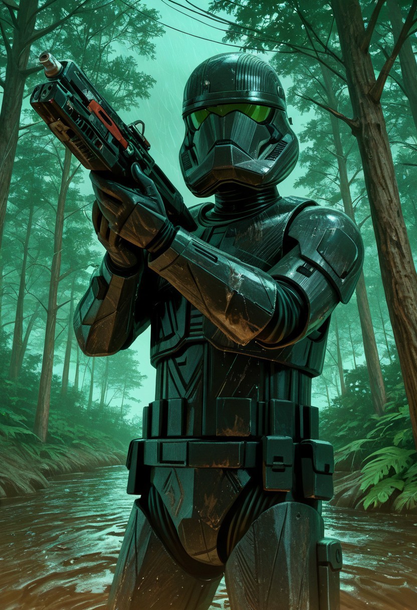 detailed background, cowboy shot, solo, 1boy, SithTrooper, dark black armor, dark black helmet, green visor, holding st-w48 blaster riffle in hands, Star Wars forest scenery, storm, at night, mud on armor, detailed scenery, masterpiece, best quality, very aesthetic, newest, masterpiece, best quality, amazing quality, very aesthetic, absurdres, newest,, high res, ultra detailed, best quality, best artwork, 4k, ultra quality, perfect face, absurdres,masterpiece,best quality,amazing