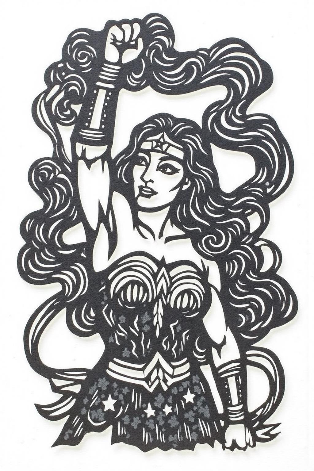 papercut art of 
Wonder Woman looking up with fist raised, carvevd with mottled dark grey stone 
 <lora:papercut1_cap_d6a3e12:1.0><lora:823261195596356414:0>