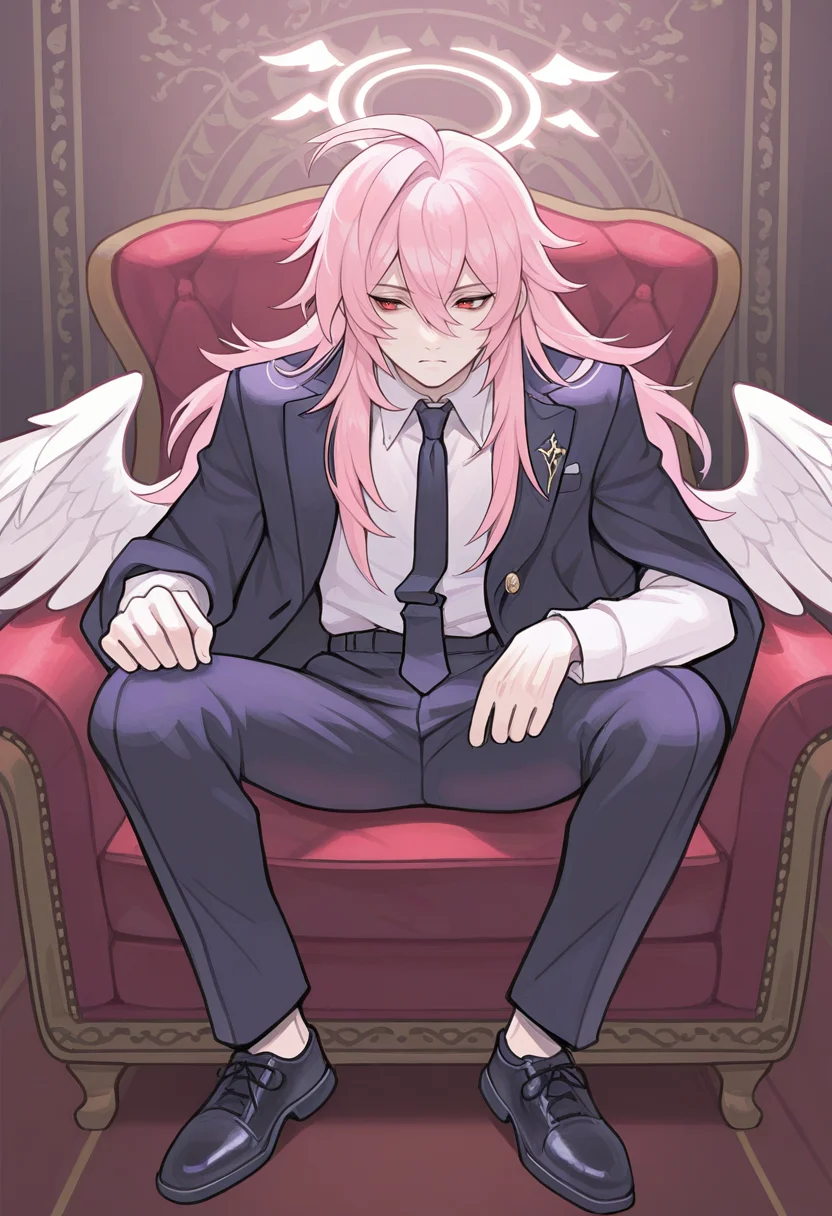 masterpiece, best quality, <lora:Alpaca:1> 4lp4c4, solo, 1boy, necktie, wings, shirt, long hair, white shirt, jacket, pants, hair between eyes, male focus, sitting, shoes, pink hair, bangs
