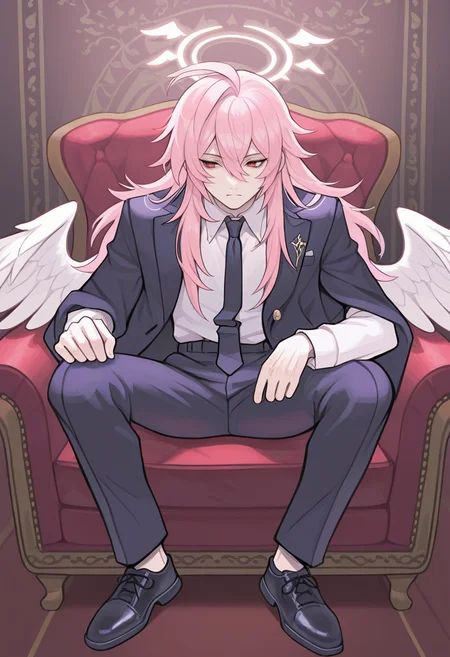 masterpiece, best quality, <lora:Alpaca:1> 4lp4c4, solo, 1boy, necktie, wings, shirt, long hair, white shirt, jacket, pants, hair between eyes, male focus, sitting, shoes, pink hair, bangs