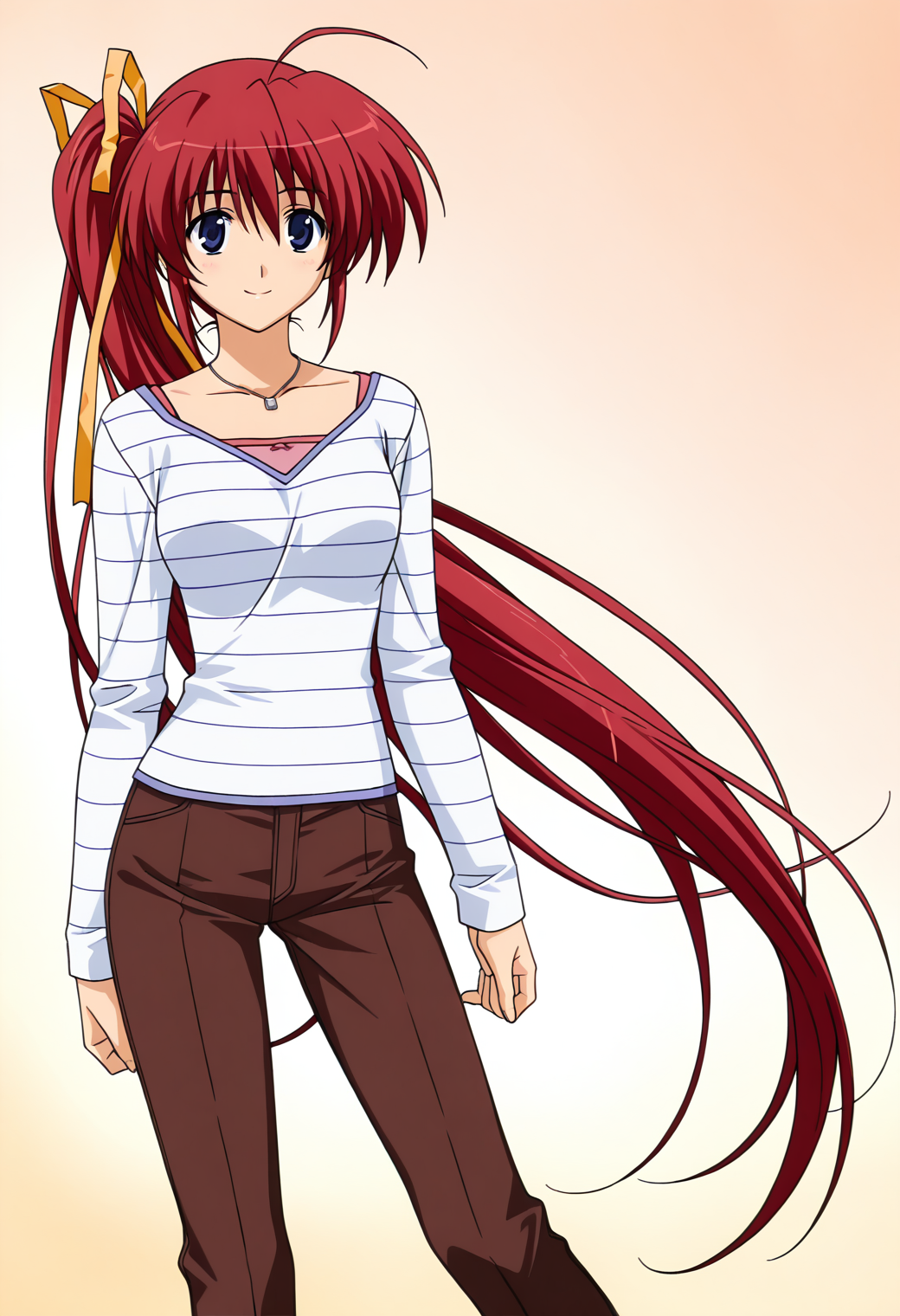 masterpiece, best quality, very aesthetic, absurdres, 1girl, solo,
<lora:takase_mizuki_v01:0.9>, takase_mizuki, mizuki_casual3, red hair, very long hair, ahoge, side ponytail, blue eyes,
yellow hair ribbon, jewelry, necklace, white striped shirt, long sleeves, brown pants, (smile:0.7), posing