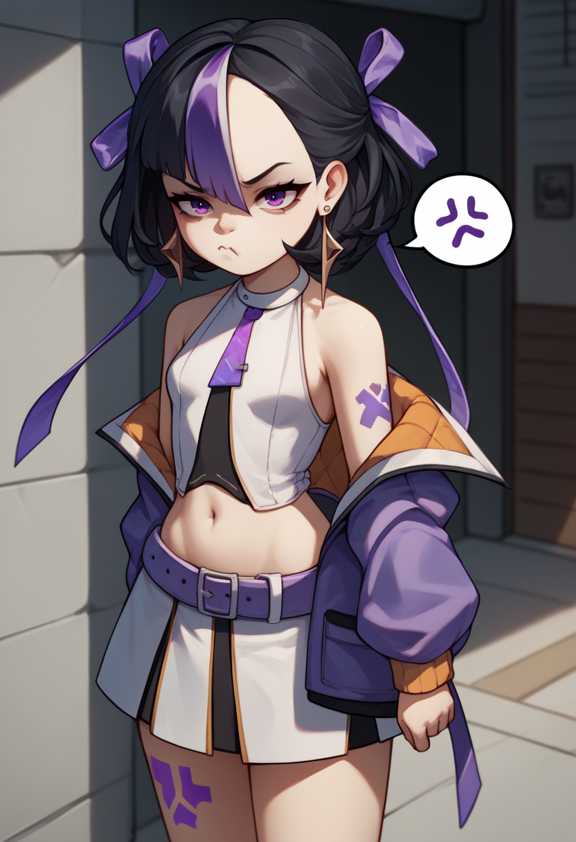 score_9, score_8_up, score_7_up, source_anime BREAK 1girl, solo, standing, <lora:syuen-nikke-richy-v1_pdxl:1> syuen, purple eyes, black hair, streaked hair, short hair, bangs, hair ribbon, earrings, purple jacket, necktie, detached sleeves, sleeveless, crop top, navel, midriff, skirt, belt, leg tattoo, long legs, standing, anger vein, pout, spoken anger vein