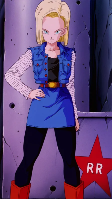 source_anime, masterpiece, best quality, amazing quality, anime screencap, high quality, 8k, absurdres, official style, 1girl, solo, hand on hip, standing, looking at viewer, smile, <lora:Android_18_Z_iL:1>, 4ndr01d 18, blue eyes, blonde hair, short hair, RR army outfit, denim, black shirt, striped sleeves, long sleeves, jacket, denim jacket, denim skirt, jewelry, earrings, strapped boots, boots, belt, black pantyhose,