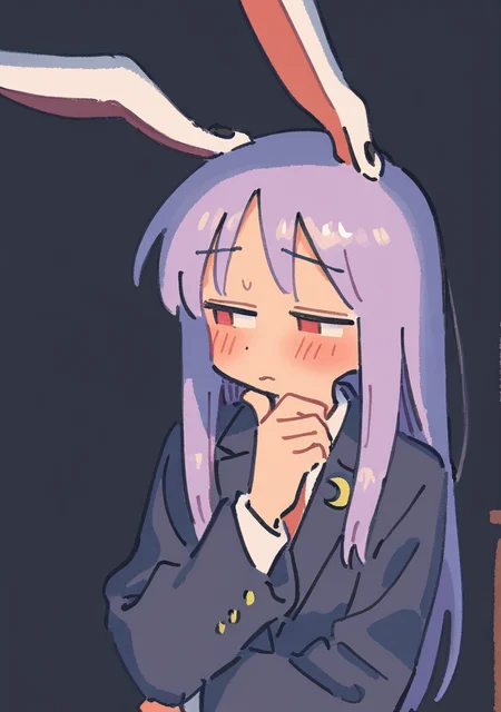 masterpiece, best quality, very aesthetic BREAK muji \(uimss\), 1girl, solo, reisen udongein inaba, fidgeting, blush, nervous, looking away, upper body, half-closed eyes, hand on own chin
<lora:noob-muji-nov07-step00002640:1>