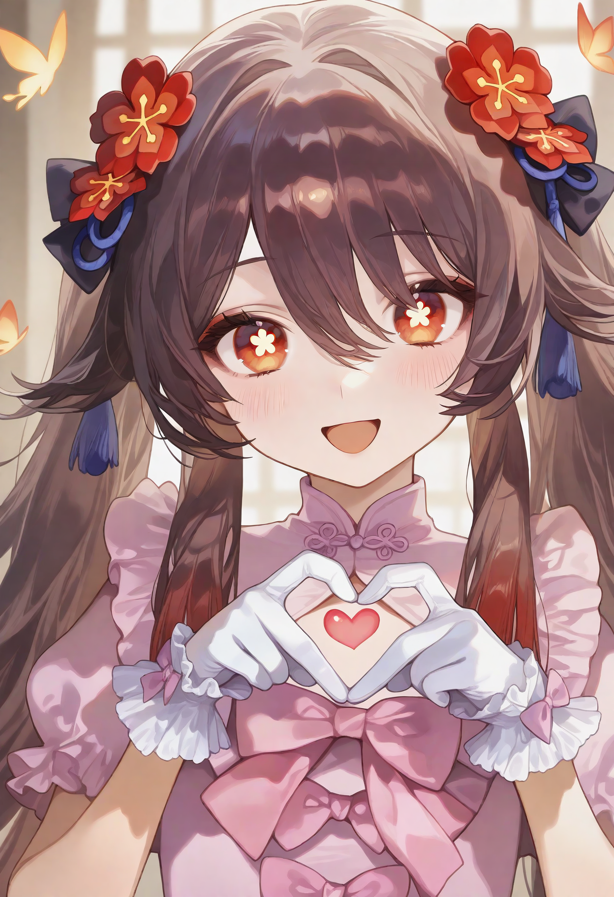 masterpiece, best quality, good quality, calculus_0001,
hu tao \(genshin impact\), 1girl, solo, long hair, looking at viewer, blush, smile, open mouth, brown hair, hair ornament, gloves, red eyes, dress, bow, hair between eyes, twintails, upper body, flower, multicolored hair, sidelocks, heart, :d, hair bow, frills, alternate costume, white gloves, hair flower, symbol-shaped pupils, gradient hair, bug, pink bow, pink dress, butterfly, heart hands, flower-shaped pupils, frilled gloves
<lora:ai_styles_collection_noob_vpred-1.0-v4.02:1>