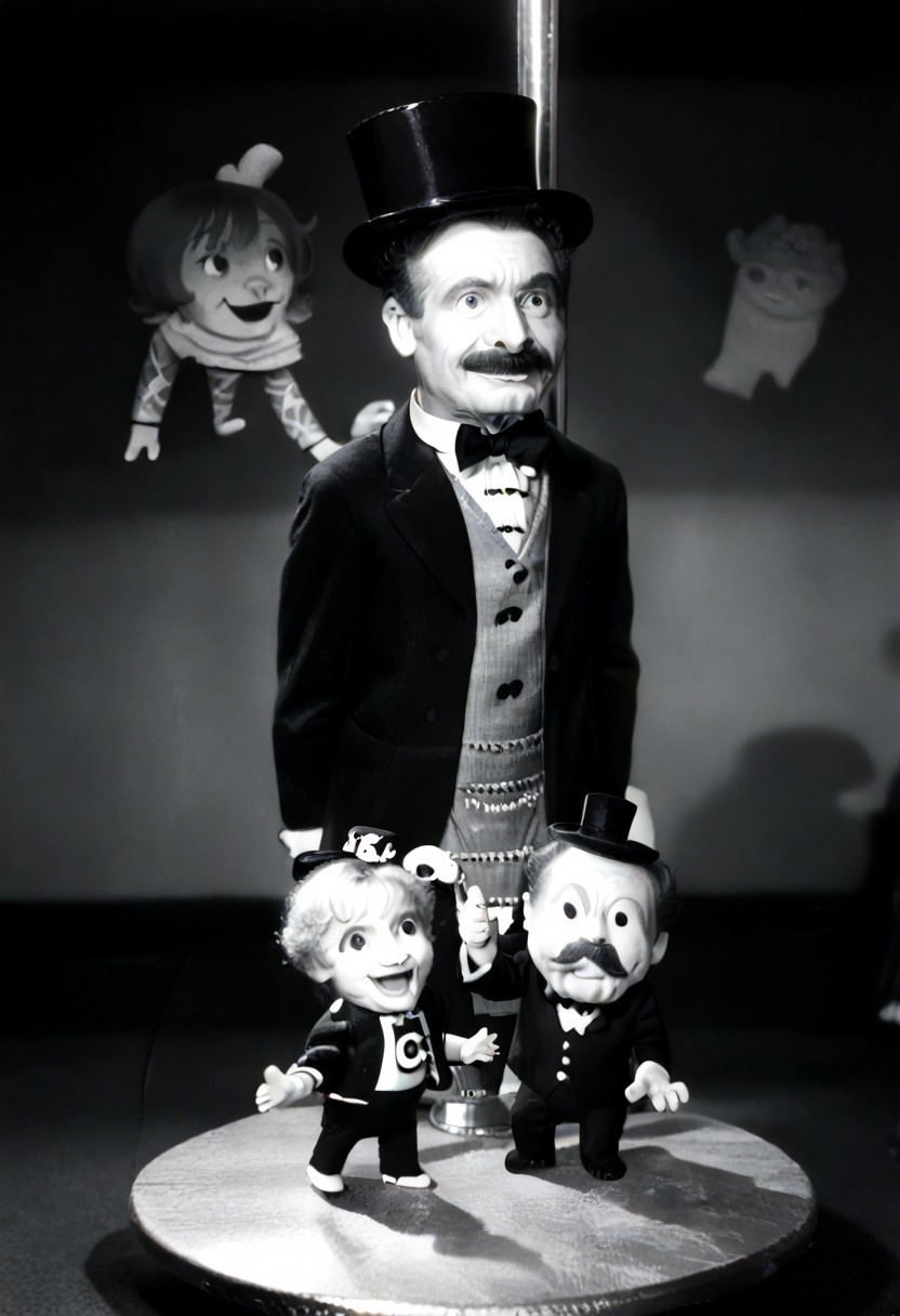 (((black and white, monochrome, greyscale))),((pole dancing, fully clothed, small man with mustache, top hat, kenbis, chibi, chibi, male only, dancing, male, male chibi, monocle, art deco, thick mustache, comically large mustache, handlebar mustache, tiny, multiple men, shrunk, microxl, some little guys)), bwMovies, realistic, photo, vintage photo, ((very small man, small man, a small man, a man who is small, a small man)) suit, an unapologetically small human male, black and white, smiling, very happy, euphoric, ecstatic, wonderful small men, large smile, huge smile, muscular, muscles, indoors, cinema, movie theater, detailed background