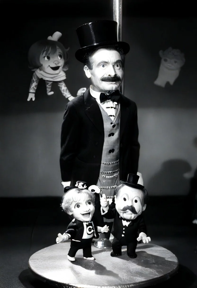 (((black and white, monochrome, greyscale))),((pole dancing, fully clothed, small man with mustache, top hat, kenbis, chibi, chibi, male only, dancing, male, male chibi, monocle, art deco, thick mustache, comically large mustache, handlebar mustache, tiny, multiple men, shrunk, microxl, some little guys)), bwMovies, realistic, photo, vintage photo, ((very small man, small man, a small man, a man who is small, a small man)) suit, an unapologetically small human male, black and white, smiling, very happy, euphoric, ecstatic, wonderful small men, large smile, huge smile, muscular, muscles, indoors, cinema, movie theater, detailed background