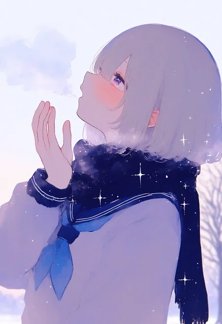 1girl,
748cm, solo, sailor collar, looking up, black sailor collar, school uniform, shirt, sparkle, from side, simple background, serafuku, white shirt, short hair, profile, neckerchief, upper body, grey hair, grey background, breath, purple eyes, blush, parted lips, cloud, blue neckerchief, blue sailor collar, open mouth, :o, hair between eyes, outdoors, long sleeves, looking away, scarf, tree, snowing, bare tree, breathing on hands, black scarf,
A young girl with white hair and blue eyes. she is wearing a black scarf around her neck and a gray jacket. the background is blurred, but it appears to be an outdoor setting with trees and snowflakes falling. the overall mood of the image is peaceful and serene.
masterpiece, best quality
<lora:748cm-NoobEPS100-lokr-v03-000080:1>