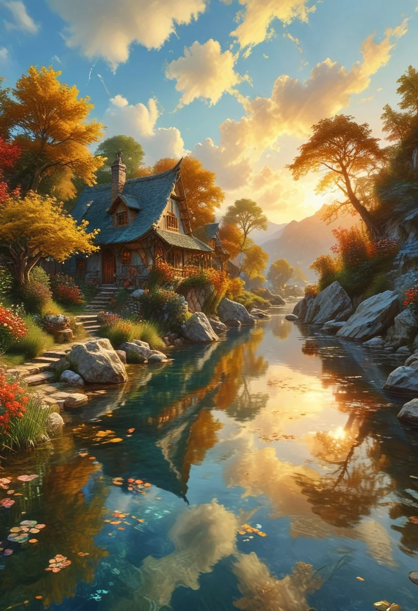 Elves homes from Lord of the rings book, cozy, warm, magical, alluring, hazel-eyes, bright, OverallDetail, Magical beautiful background, fantasy, wild, hyper-detailed hyper-maximalist, dynamic. A crystal-clear river meanders lazily through the valley, its sparkling waters reflecting the blue sky above. The horizon is dotted with puffy white clouds, casting soft shadows across the landscape. The air is filled with the sweet scent of flowers and the song of birds, creating a harmonious symphony of nature. A warm golden glow bathes the entire scene, painting everything in warm hues, as the setting sun slowly dips below the horizon, signalling the end of another day in this idyllic natural landscape.