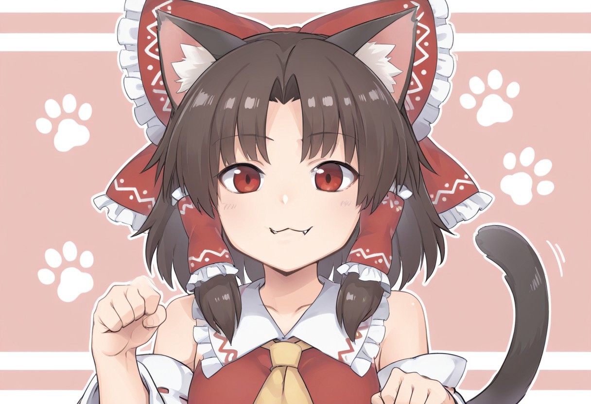 best quality, hires,
looking at viewer,
1girl, solo, hakurei reimu, parted bangs,
kemonomimi kode, cat ears, cat tail,
paw pose, fangs, :3,