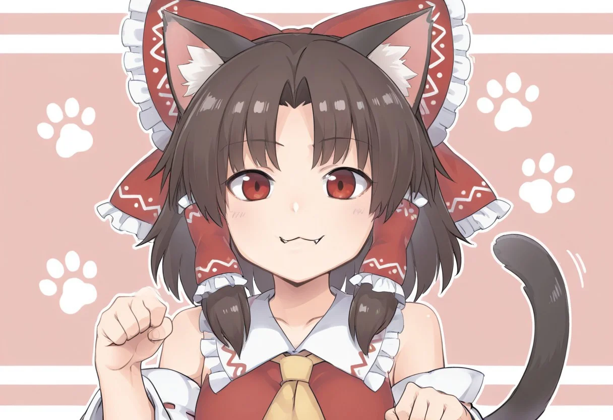 best quality, hires,
looking at viewer,
1girl, solo, hakurei reimu, parted bangs,
kemonomimi kode, cat ears, cat tail,
paw pose, fangs, :3,