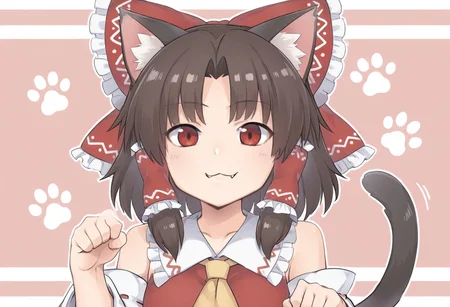 best quality, hires,
looking at viewer,
1girl, solo, hakurei reimu, parted bangs,
kemonomimi kode, cat ears, cat tail,
paw pose, fangs, :3,