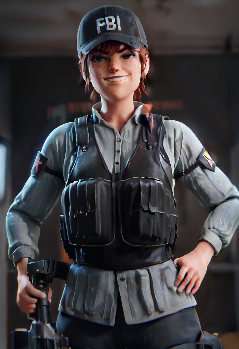 (Score_9, Score_8_Up, Score_7_Up, Score_6_Up),
(3d, Scraggy, High-Detail, High Resolution, Solo),
(Ash, Bulletproof Vest, Hat, Holding Weapon, Assault Rifle, Hat with the word "FBI" on the front, Baseball Hat, FBI Hat)
(Eye Contact, Smug, Smirk, Hand On Hip)