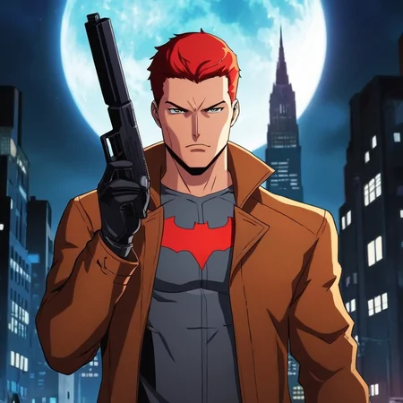 anime artwork of  <lora:Red Hood:1.2>
Red Hood a man in a brown jacket holding a gun in Gotham city universe, anime style, key visual, vibrant, studio anime,  highly detailed