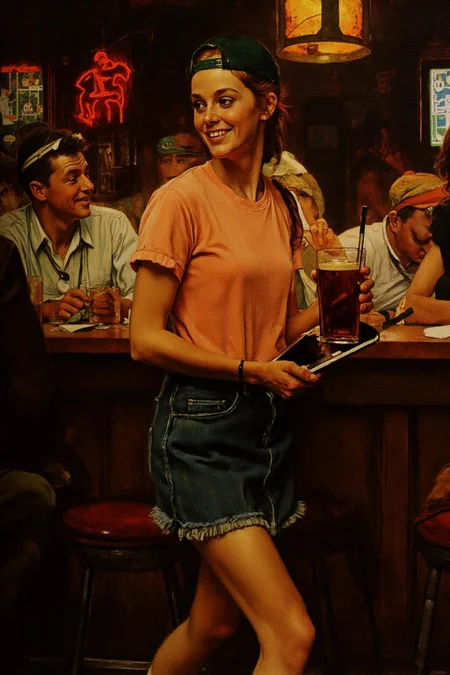 normanrockwell1 painting.
The air buzzes with the energy of a busy bar, a mix of music, conversation, and the clinking of glasses. A barmaid, the embodiment of youthful vibrancy, navigates the lively scene. She wears a peach-coloured T-shirt, the soft fabric contrasting with the smooth, cold glass of coke she carries on a small tablet. Her short skirt adds a playful touch, and a backwards baseball cap hints at a carefree attitude. The setting and atmosphere are palpable: the warm, slightly sticky surface of the bar counter under her fingertips, the dim, colourful lighting that casts playful shadows. Sensory details are abundant: the condensation forming on the glass of coke, the texture of her denim skirt, and the way the bar lights catch the highlights in her hair. Her confident stride, her quick smile, and her efficient movements. Stylistically, the image draws inspiration from the vibrant, candid shots of nightlife photographers, with a touch of the stylized realism found in contemporary illustration. There's a deliberate contrast between the barmaid's youthful energy and the slightly worn, lived-in atmosphere of the bar, creating a dynamic and engaging image.
<lora:normanrockwell1_cap_d6a3e12:1.0><lora:841460728671218473:0>