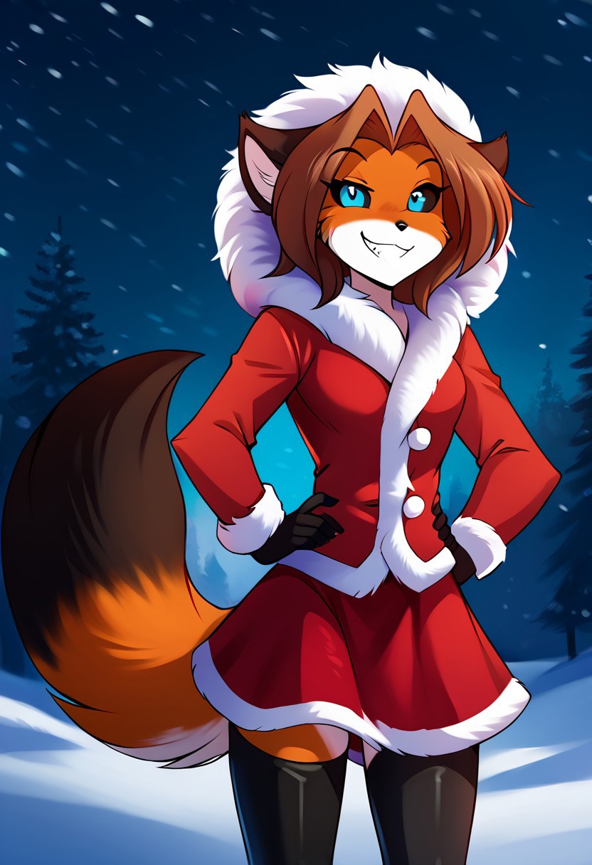score_9, score_8_up, score_7_up, score_6_up, score_5_up, score_4_up, rating_safe, source_furry, detailed background, snowy winter in background, (late night:1.1),  1girl,female anthro fox  standing, leaning forward,  low-angle view, (solo:1.1), half-length portrait, 
BREAK
female, furry, anthro,(fox:1.1), fox tail, (cute expression, cute face:1.1),    (fox snout:1.1),  smiling at viewer, hands on hips, smug grin,    breasts,, blue eyes,  <lora:Laura-Twokinds-SDXL-AnonTK-V1:0.9> , laura-twokinds, brown hair, black sclera, 
BREAK
(red jacket, fur trim,fur-trimmed jacket:1.1), hood, ,   boots, (black stockings:1.1), red skirt <lora:Alice_SDXL:0.8>
BREAK
<lora:PDXL_artist_tags_v2:1> (by iskra:1.1),