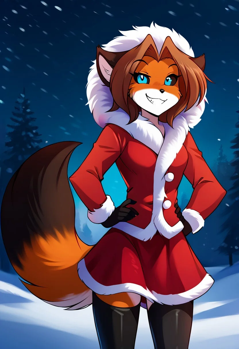 score_9, score_8_up, score_7_up, score_6_up, score_5_up, score_4_up, rating_safe, source_furry, detailed background, snowy winter in background, (late night:1.1), 1girl,female anthro fox standing, leaning forward, low-angle view, (solo:1.1), half-length portrait,
BREAK
female, furry, anthro,(fox:1.1), fox tail, (cute expression, cute face:1.1), (fox snout:1.1), smiling at viewer, hands on hips, smug grin, breasts,, blue eyes, <lora:Laura-Twokinds-SDXL-AnonTK-V1:0.9> , laura-twokinds, brown hair, black sclera,
BREAK
(red jacket, fur trim,fur-trimmed jacket:1.1), hood, , boots, (black stockings:1.1), red skirt <lora:Alice_SDXL:0.8>
BREAK
<lora:PDXL_artist_tags_v2:1> (by iskra:1.1),