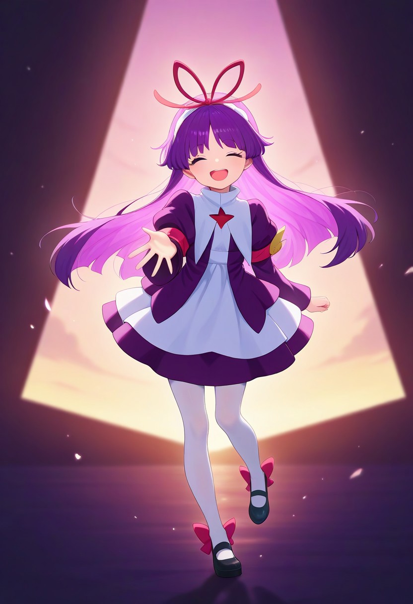 <lora:PFeli_SDXL_Illustrious01_fp16_ver01:1>,PFeli, 1girl, long hair,purple hair, pantyhose, dress,red ribbon, blue eyes, black footwear,long sleeves, red bow,hairband, smile,open mouth,close eyes,, masterpiece, best quality, very aesthetic, absurdres,<lora:detailed_hands:1>,hand