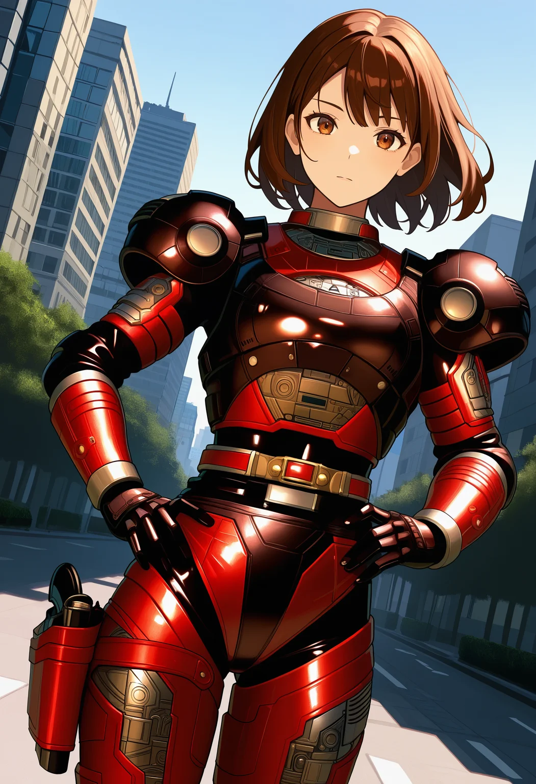 1girl, solo, R3ddle, armor, bodysuit, shoulder pad, gloves, belt, holster, brown hair, brown eyes, cowboy shot, dutch angle, looking at viewer, shiny clothes, hand on hip,
outdoors, city,
best quality, very aesthetic, masterpiece,