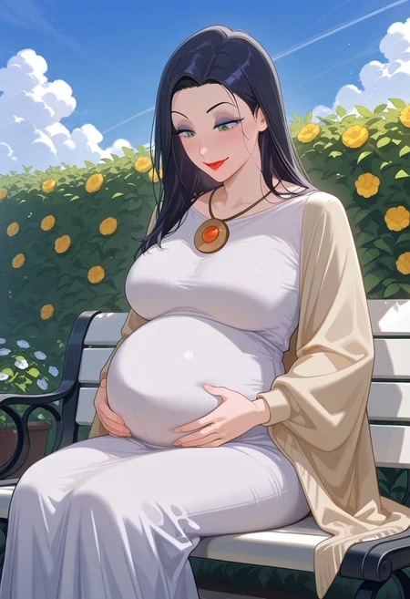 score_9,score_8_up,score_7_up,score_6_up,best quality,masterpiece,background is garden, day, blue sky, clouds, white bench, hedges, flowers, sitting on bench, 1girl, solo
BREAK
eqg, mature female, green eyes, looking down, smile, happy, blush, large breasts, dress, pregnant, black hair, long hair, eyeshadow, red lips, amulet, hands on belly,