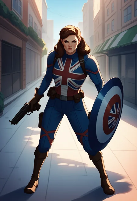 score_9, score_8_up, score_7_up, score_6_up, score_5_up, score_4_up, BREAK,
1girl, peggycarter, brown hair, long hair, brown eyes, makeup,
armor, gloves, boots, holding a shield, holding a gun, trigger discipline,
solo, standing, looking at viewer, buildings, street, london street background <lora:CaptainCarterXL:1>