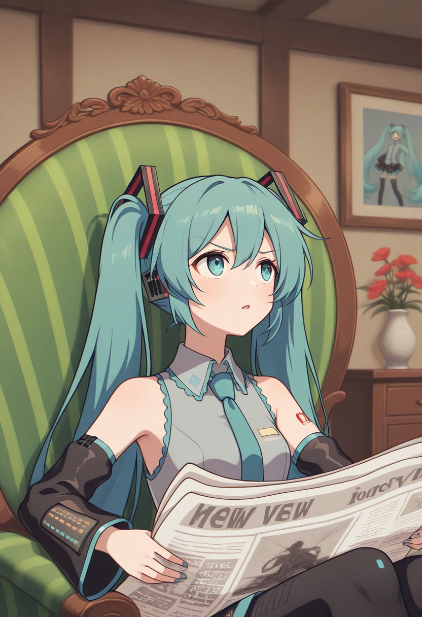 masterpiece, best quality, Graphic Design, color art, vibrant colors, colorful, intricate details, high contrast, detailed background, beautiful detailed, beautiful face, detailed eyes, detailed face, new, newest, trtn, frown, parted lips, looking away, holding, newspaper, sitting, chair, 1girl, solo, hatsune miku, room, upper body,
