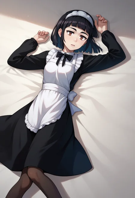 score_9, score_8_up, score_7_up, 1girl, solo, Abbey, black hair, brown eyes, bob cut, hairband, black bow, black dress, white apron, long sleeves, pantyhose, on back, <lora:Abbey 7_1-000013:1>